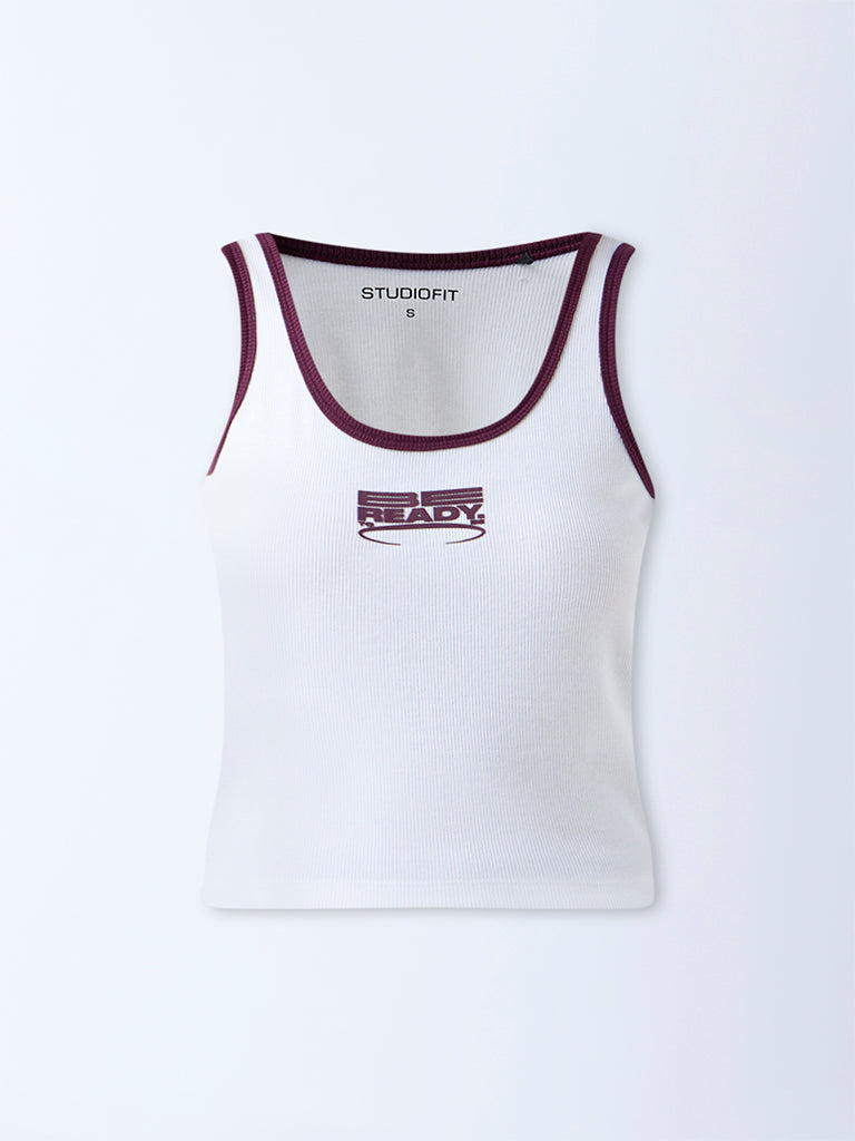 Studiofit White Typographic Ribbed Top