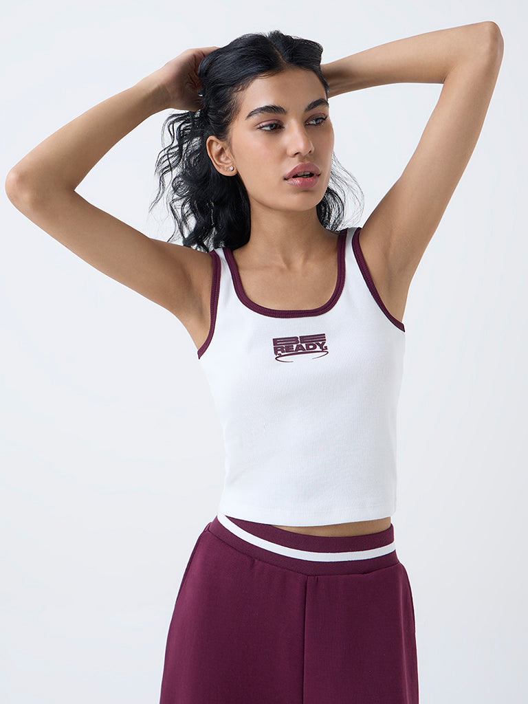Studiofit White Typographic Ribbed Top