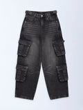Girls Charcoal Faded Relaxed-Fit Mid-Rise Jeans
