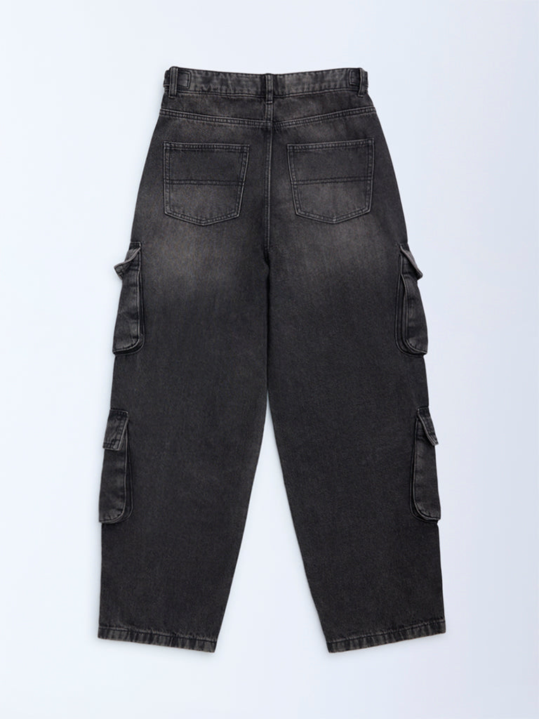 Girls Charcoal Faded Relaxed-Fit Mid-Rise Jeans