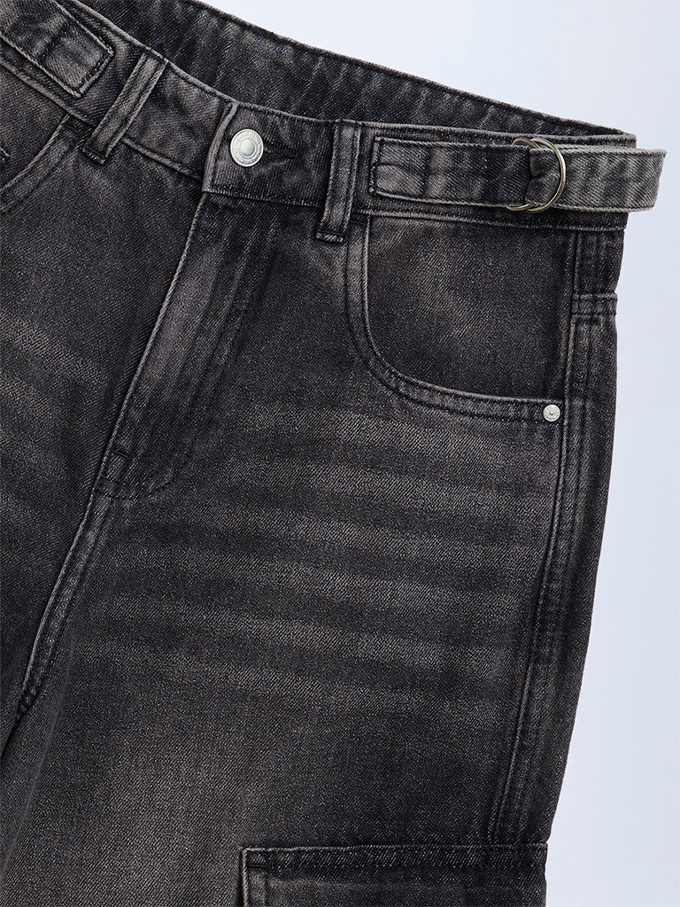 Girls Charcoal Faded Relaxed-Fit Mid-Rise Jeans