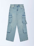 Girls Light Blue Faded Relaxed-Fit High-Rise Jeans
