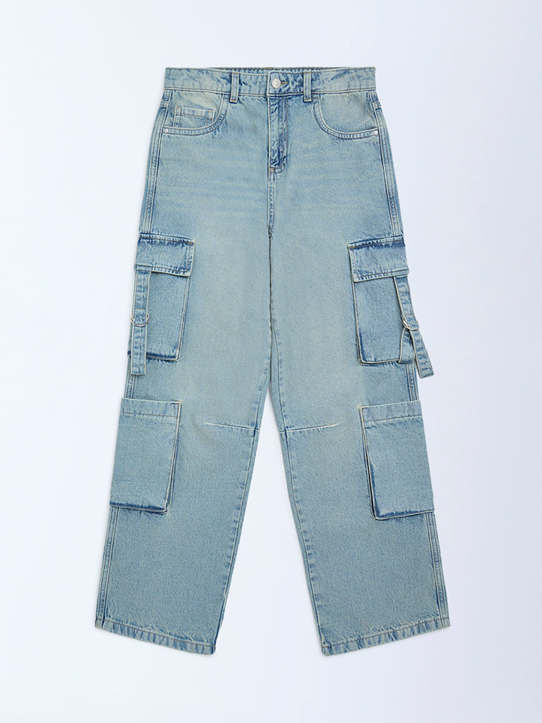 Girls Light Blue Faded Relaxed-Fit High-Rise Jeans