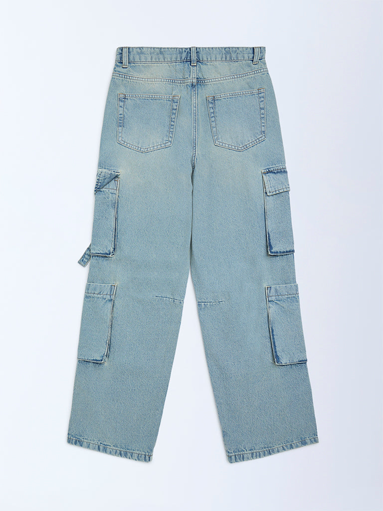 Girls Light Blue Faded Relaxed-Fit High-Rise Jeans