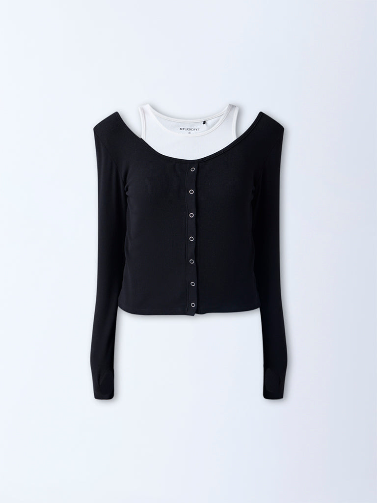 Studiofit Black Ribbed-Textured Top