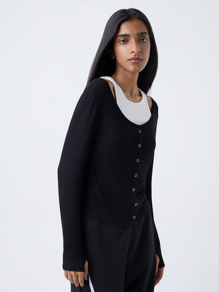 Studiofit Black Ribbed-Textured Top