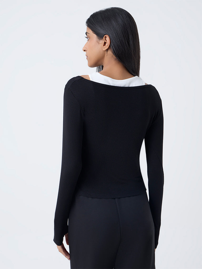 Studiofit Black Ribbed-Textured Top