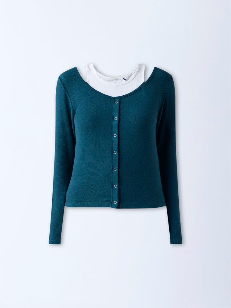 Studiofit Teal Ribbed-Textured Top