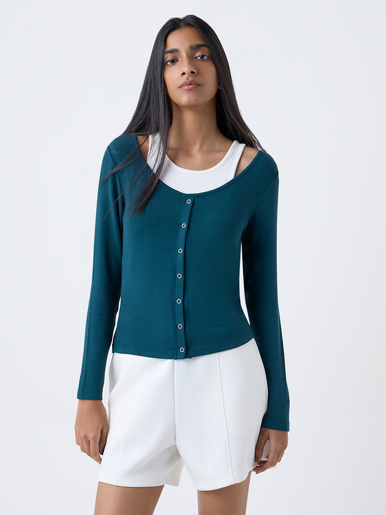 Studiofit Teal Ribbed-Textured Top