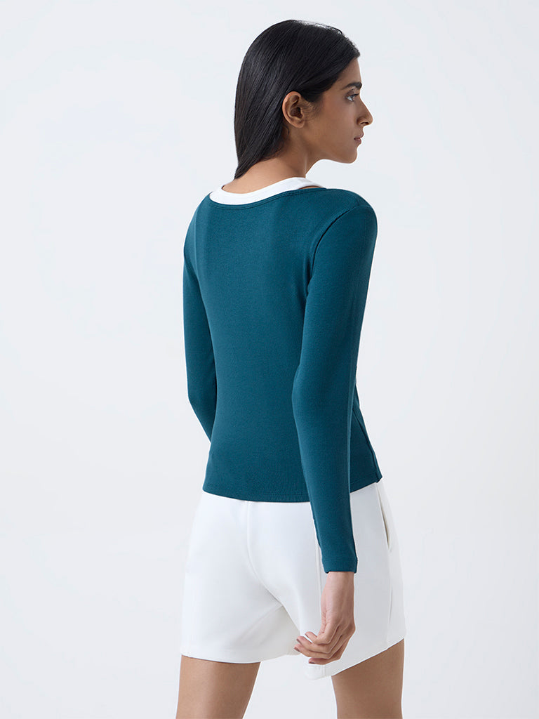 Studiofit Teal Ribbed-Textured Top