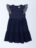 Utsa Kids Girls Navy Floral Embroidered A-Line Cotton-Blend Dress - (8-14 yrs)