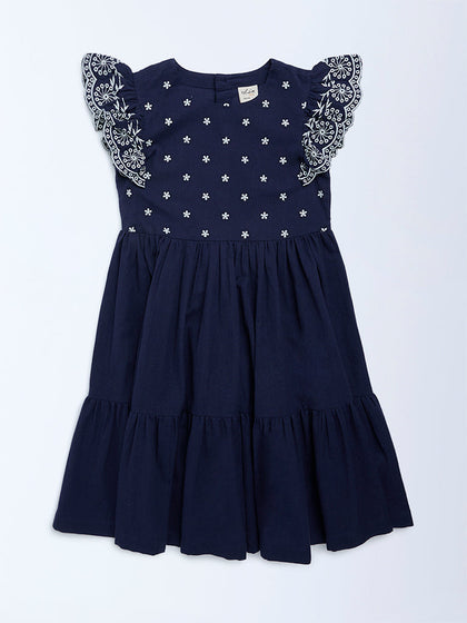Utsa Kids Girls Navy Floral Embroidered A-Line Cotton-Blend Dress - (8-14 yrs)