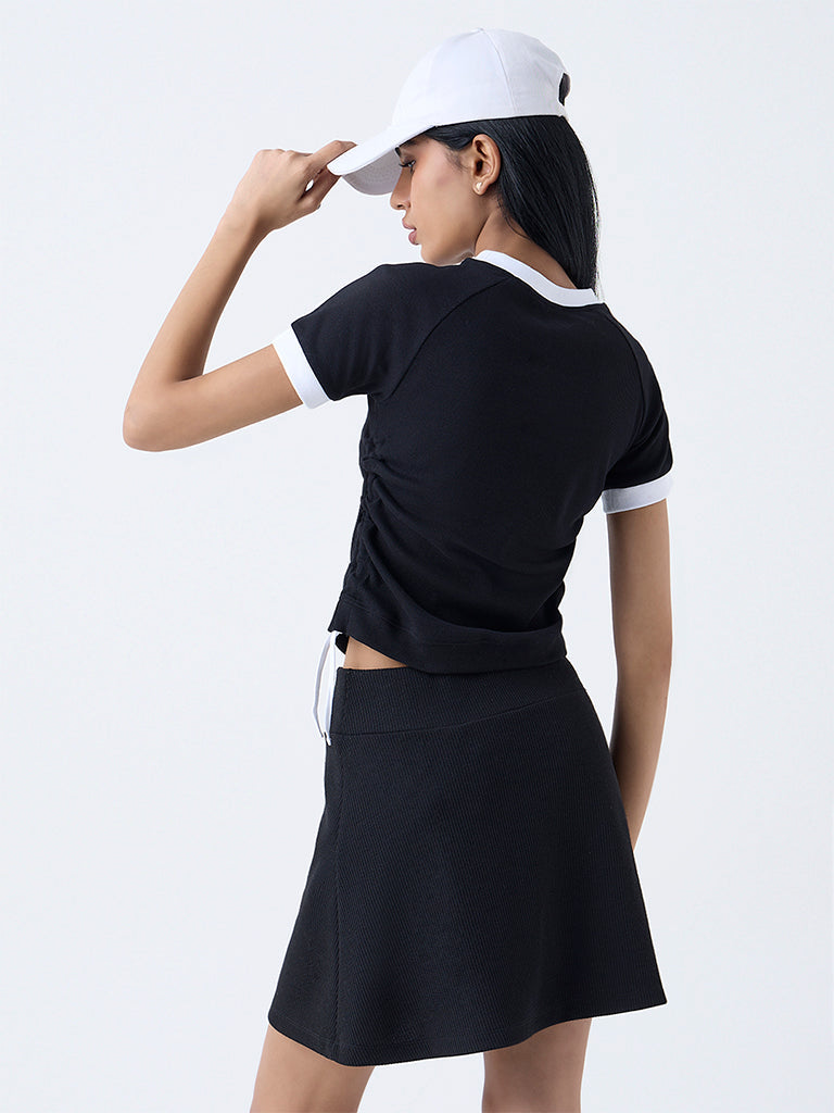 Studiofit Black Typographic Knit-Textured Top