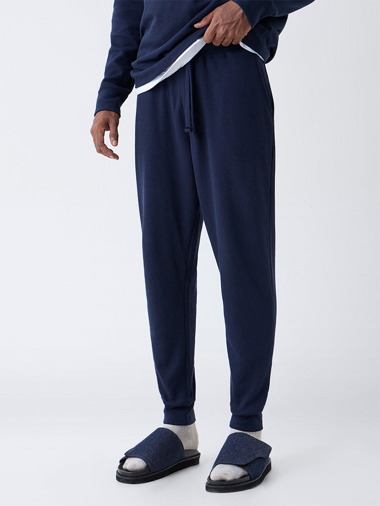 WES Lounge Navy Relaxed-Fit Mid-Rise Cotton-Blend Joggers
