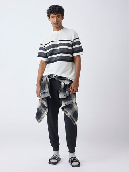 WES Lounge Off-White Striped Relaxed-Fit Cotton-Blend T-Shirt