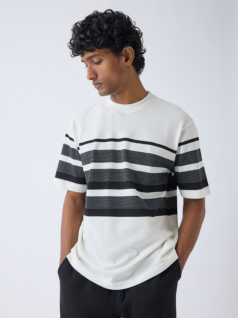 WES Lounge Off-White Striped Relaxed-Fit Cotton-Blend T-Shirt