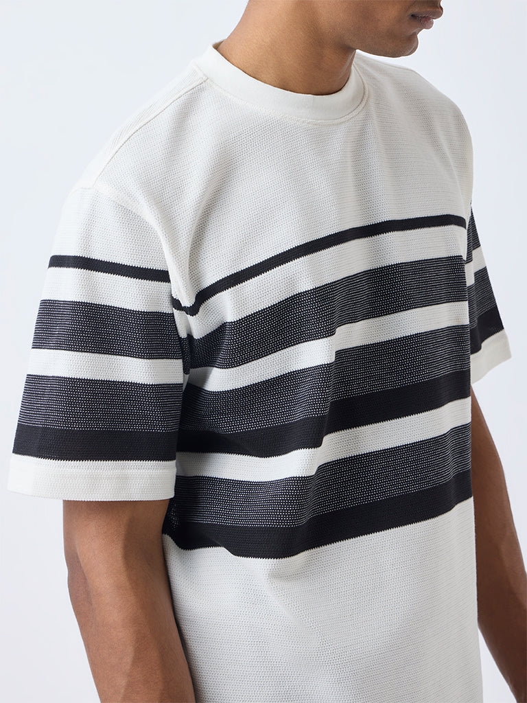 WES Lounge Off-White Striped Relaxed-Fit Cotton-Blend T-Shirt