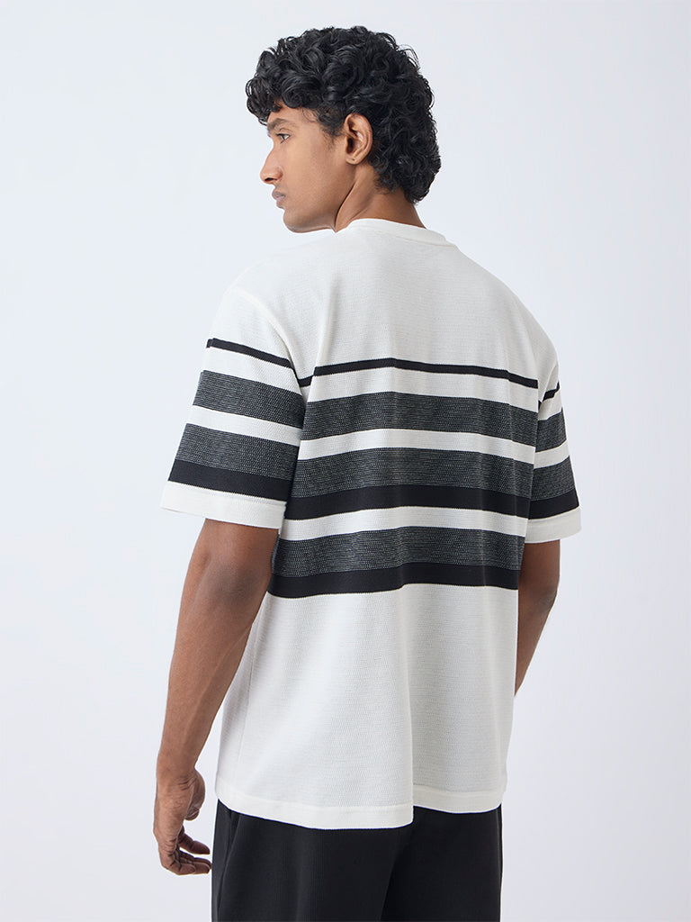 WES Lounge Off-White Striped Relaxed-Fit Cotton-Blend T-Shirt