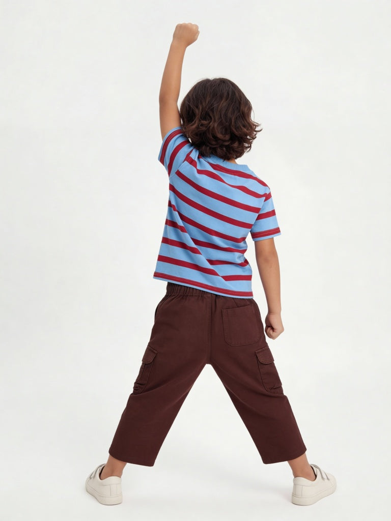 HOP Kids Boys Blue Striped Cotton T-Shirt