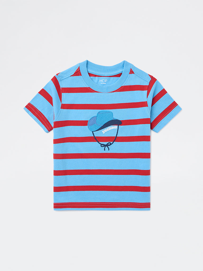 HOP Kids Boys Blue Striped Cotton T-Shirt