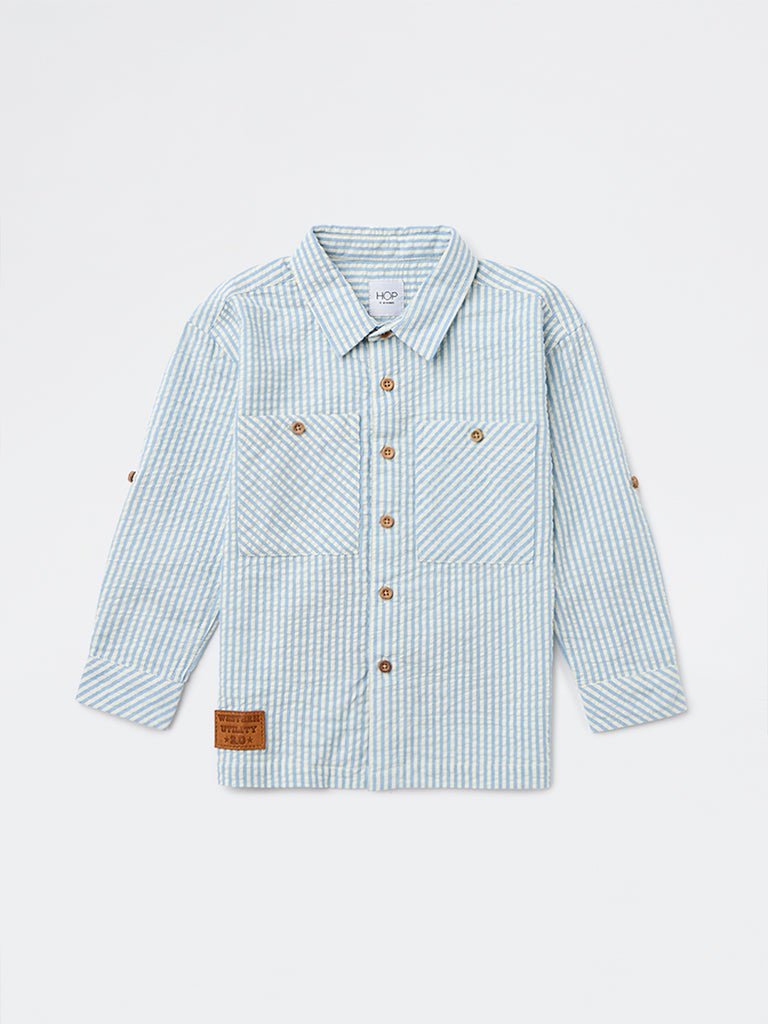 HOP Kids Boys Blue Seersucker Striped Cotton Shirt