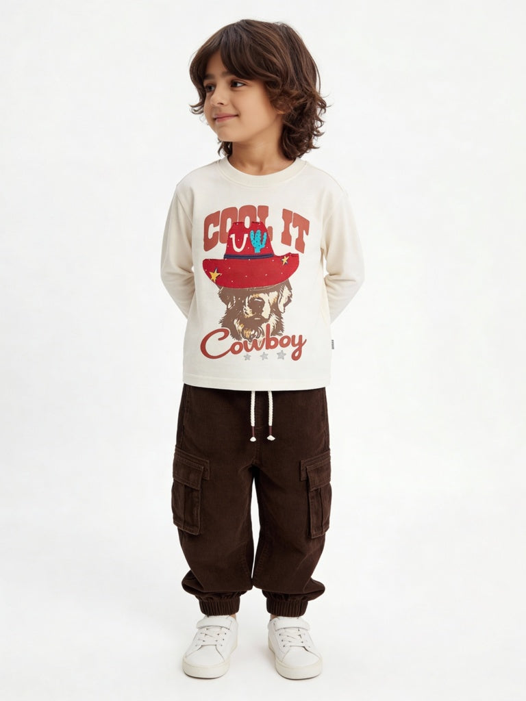 HOP Kids Boys Off-White Printed Cotton T-Shirt