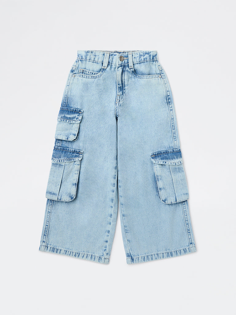 HOP Kids Girls Light Blue Washed Mid-Rise Denim Jeans