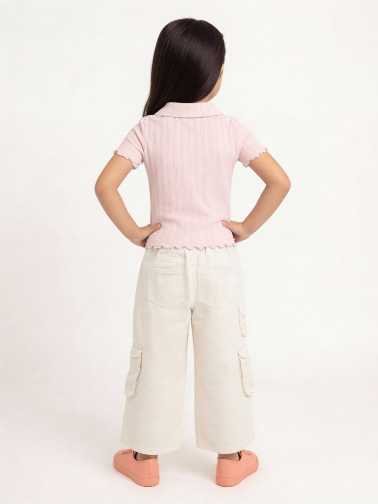 HOP Kids Girls Off-White Solid Mid-Rise Denim Cargo Jeans