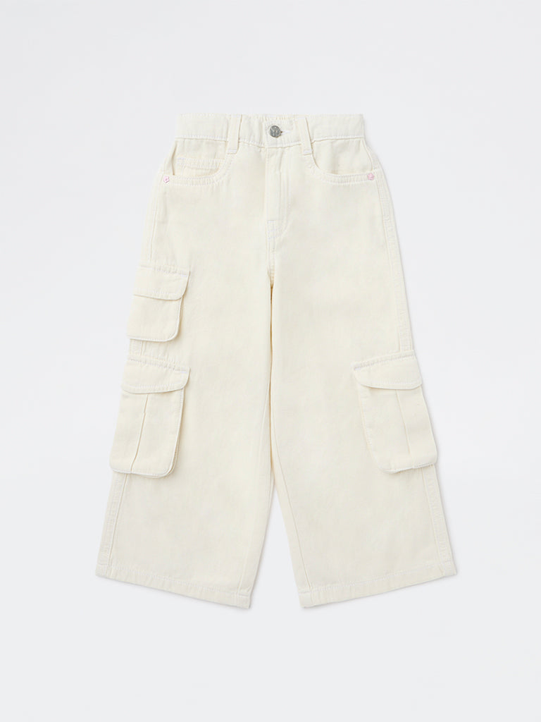 HOP Kids Girls Off-White Solid Mid-Rise Denim Cargo Jeans