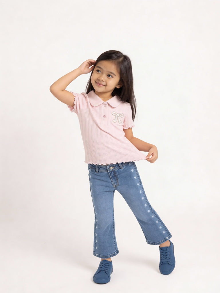 HOP Kids Girls Blue Printed Straight-Fit Mid-Rise Jeans