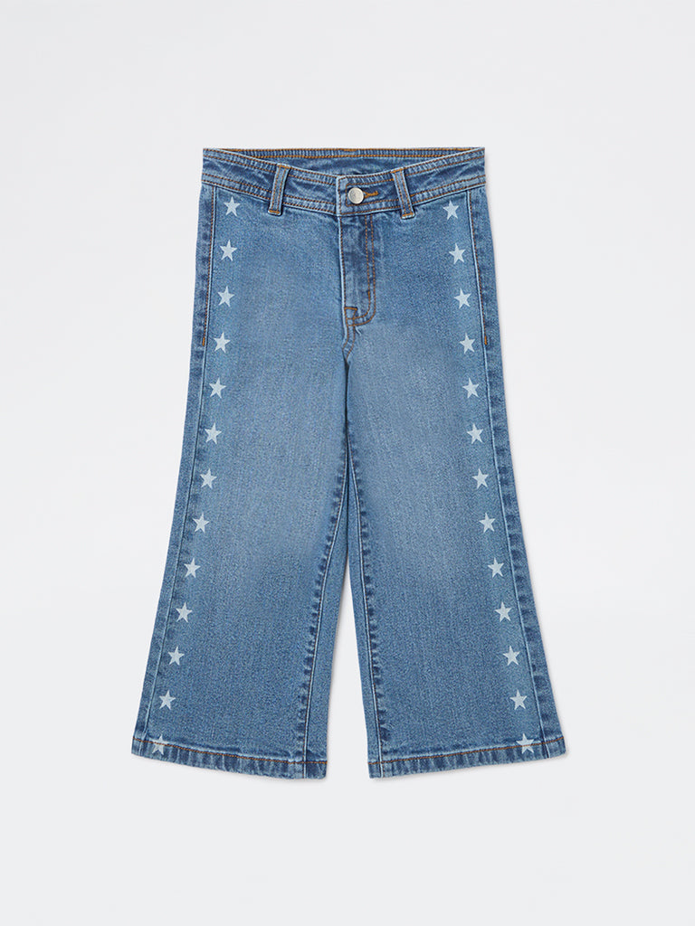 HOP Kids Girls Blue Printed Straight-Fit Mid-Rise Jeans