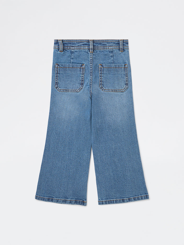 HOP Kids Girls Blue Printed Straight-Fit Mid-Rise Jeans