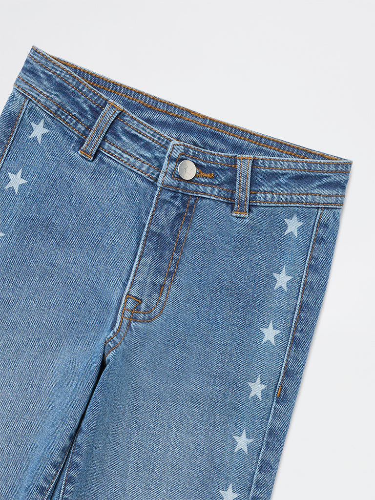 HOP Kids Girls Blue Printed Straight-Fit Mid-Rise Jeans