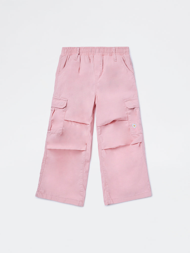 HOP Kids Girls Dusty Pink High-Rise Cotton Cargo Pants