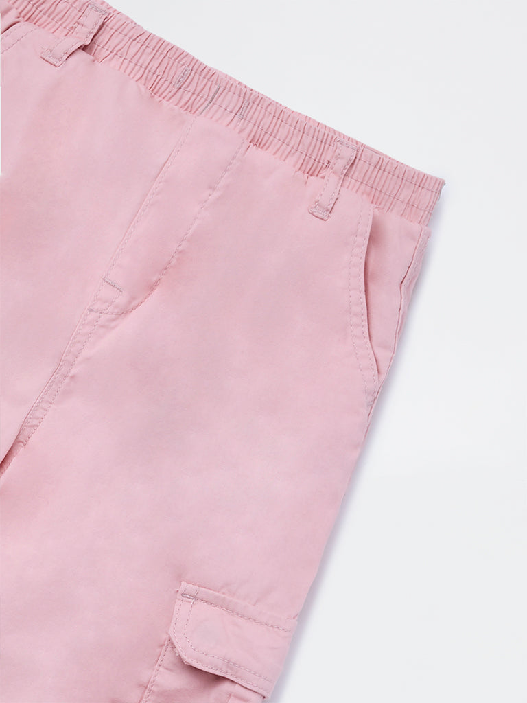 HOP Kids Girls Dusty Pink High-Rise Cotton Cargo Pants