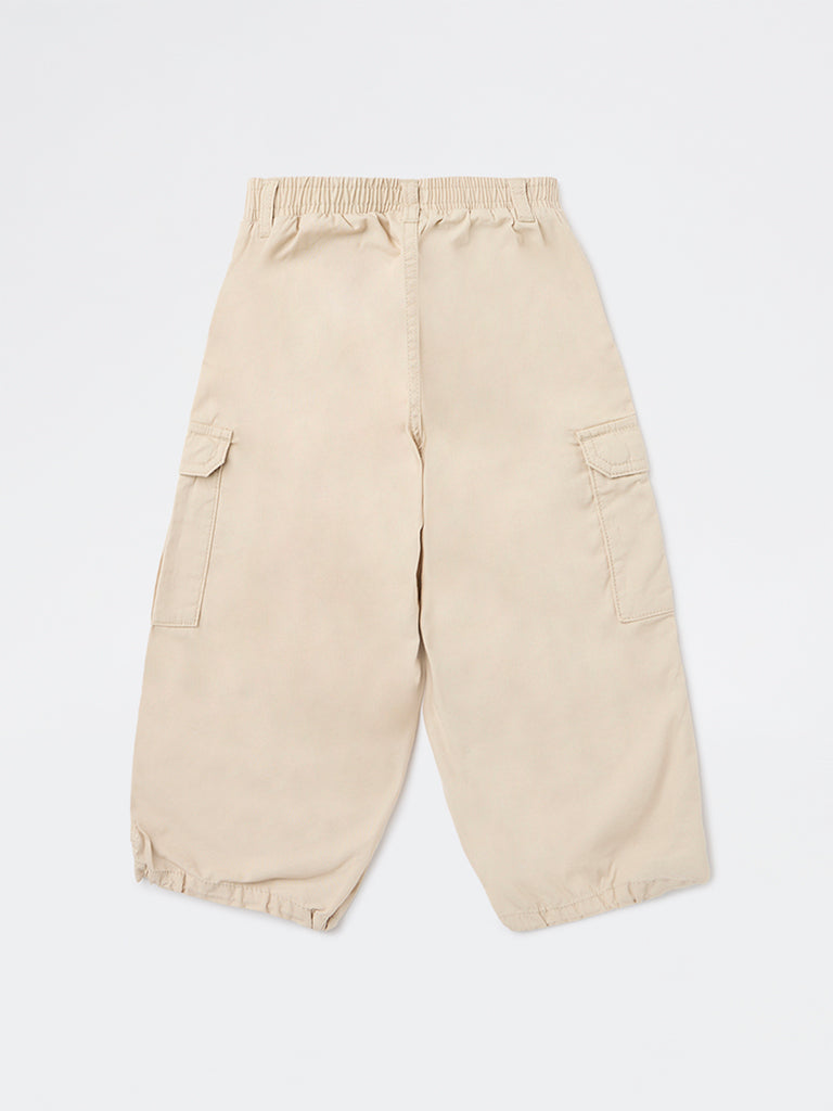 HOP Kids Girls Beige Solid High-Rise Cotton Joggers