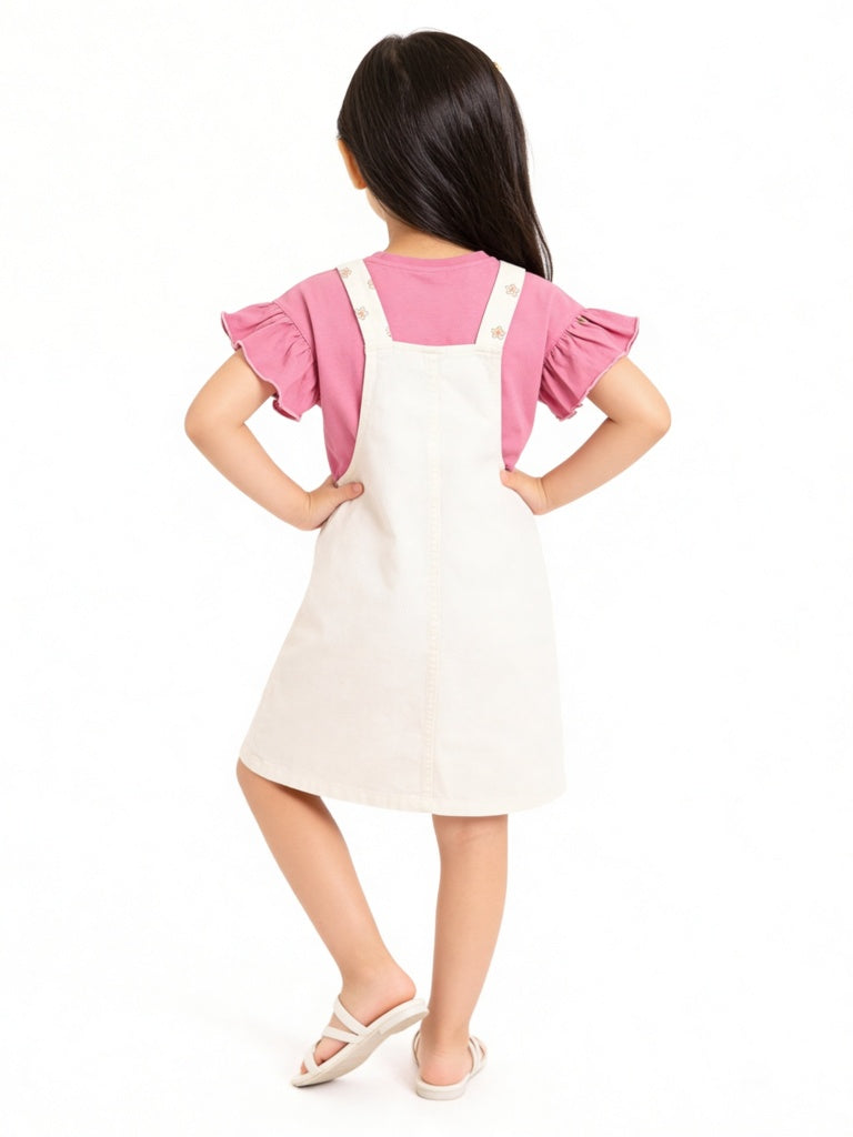 HOP Kids Girls Off-White Embroidered Cotton Pinafore and T-Shirt Set