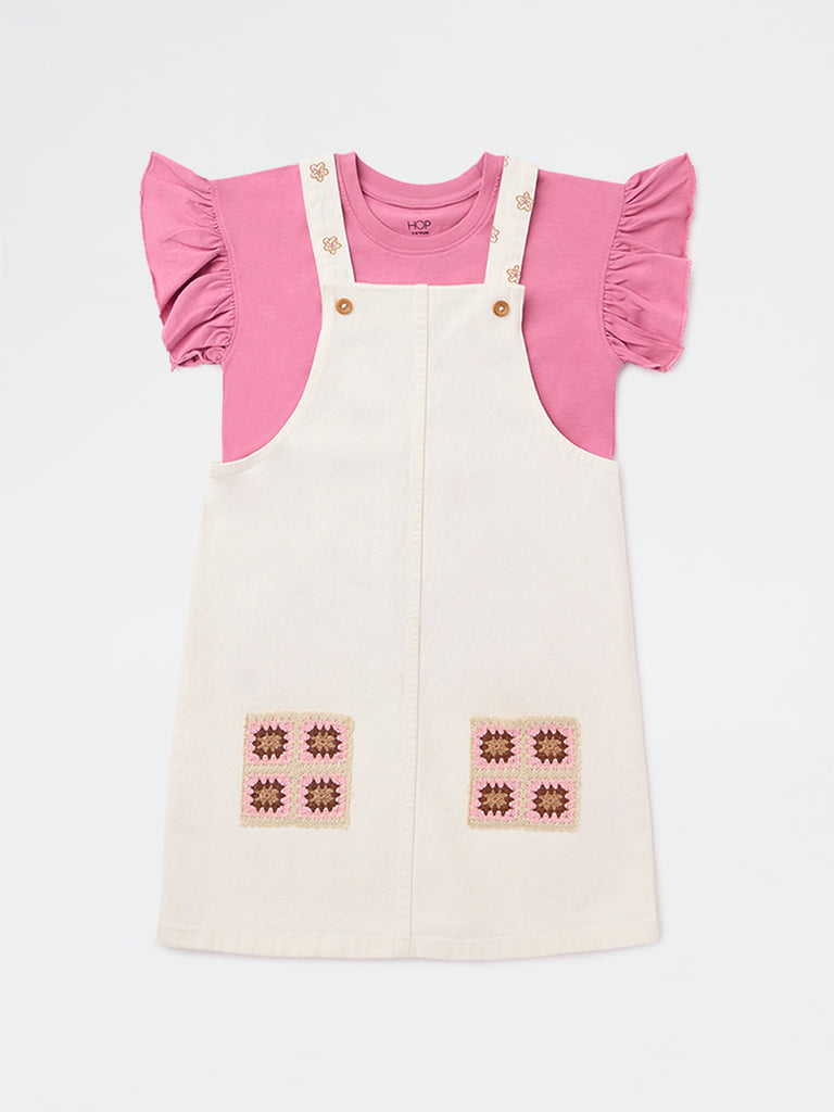 HOP Kids Girls Off-White Embroidered Cotton Pinafore and T-Shirt Set