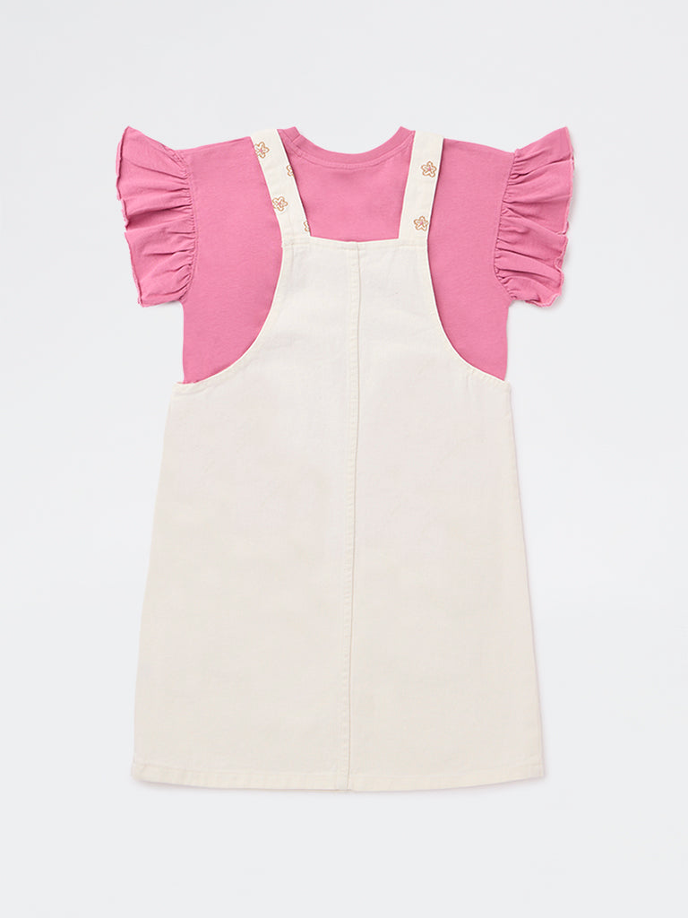 HOP Kids Girls Off-White Embroidered Cotton Pinafore and T-Shirt Set