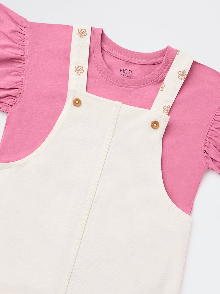 HOP Kids Girls Off-White Embroidered Cotton Pinafore and T-Shirt Set