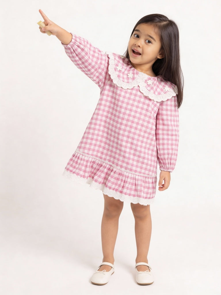 HOP Kids Girls Light Pink Check A-Line Cotton Dress