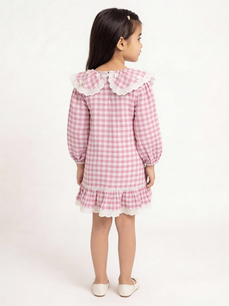 HOP Kids Girls Light Pink Check A-Line Cotton Dress