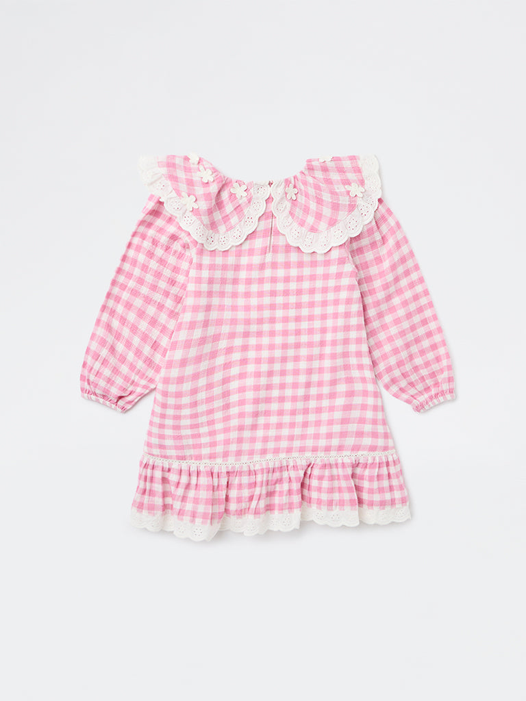 HOP Kids Girls Light Pink Check A-Line Cotton Dress