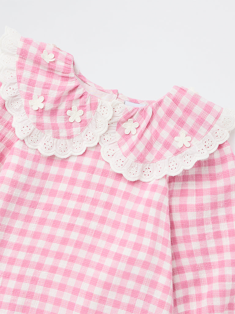 HOP Kids Girls Light Pink Check A-Line Cotton Dress