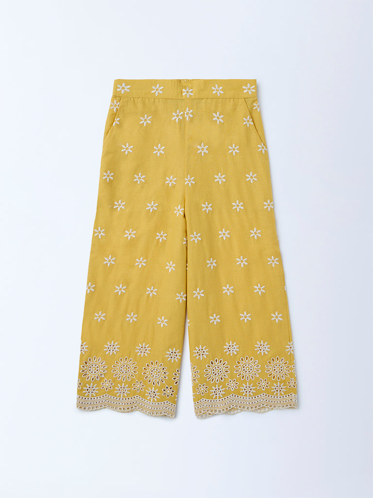 Utsa Kids Girls Yellow Floral Embroidered Cotton Ethnic Pants - (2-8 yrs)