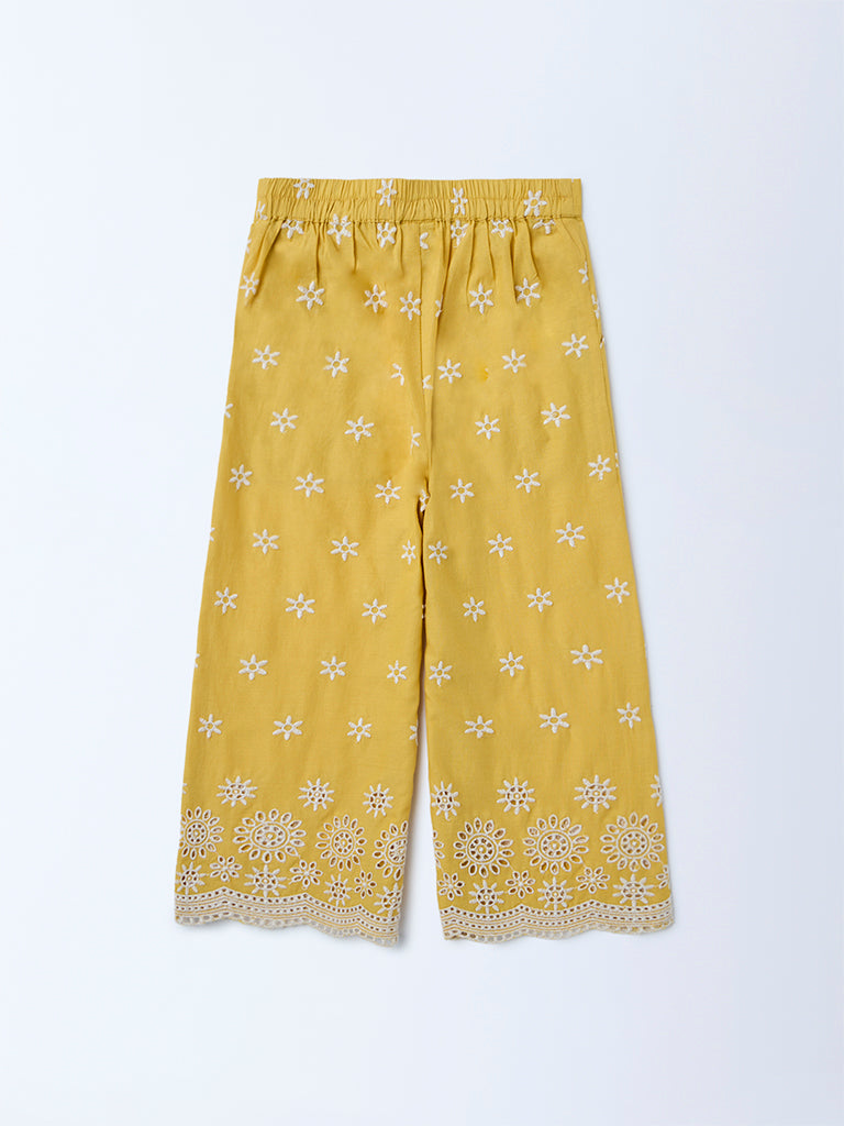 Utsa Kids Girls Yellow Floral Embroidered Cotton Ethnic Pants - (2-8 yrs)