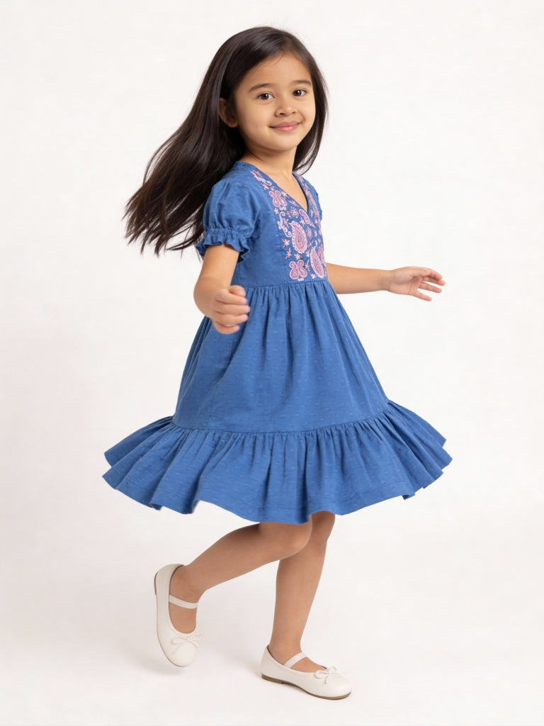 Utsa Kids Girls Indigo Floral Embroidered Flared Cotton-Blend Tiered Dress - (2-8 yrs)