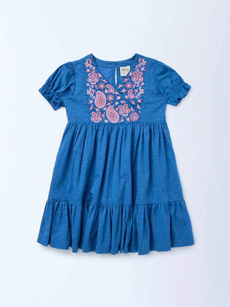 Utsa Kids Girls Indigo Floral Embroidered Flared Cotton-Blend Tiered Dress - (2-8 yrs)