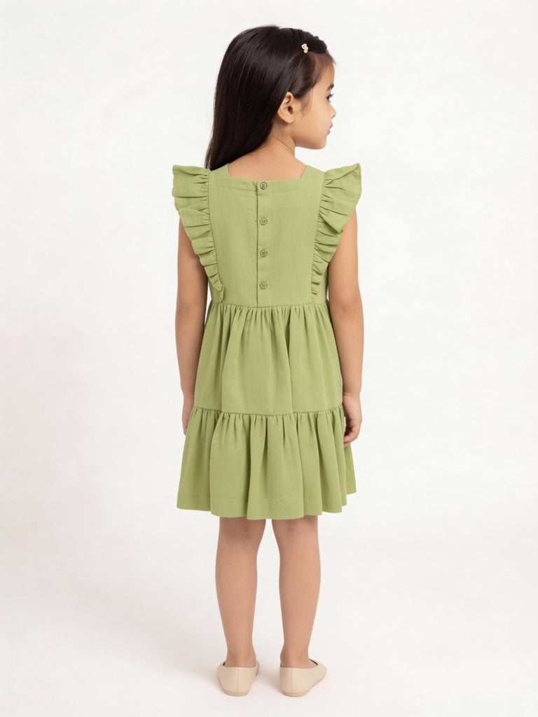 Utsa Kids Girls Mint Green Embroidered Tiered Cotton-Blend Dress - (2-8 yrs)