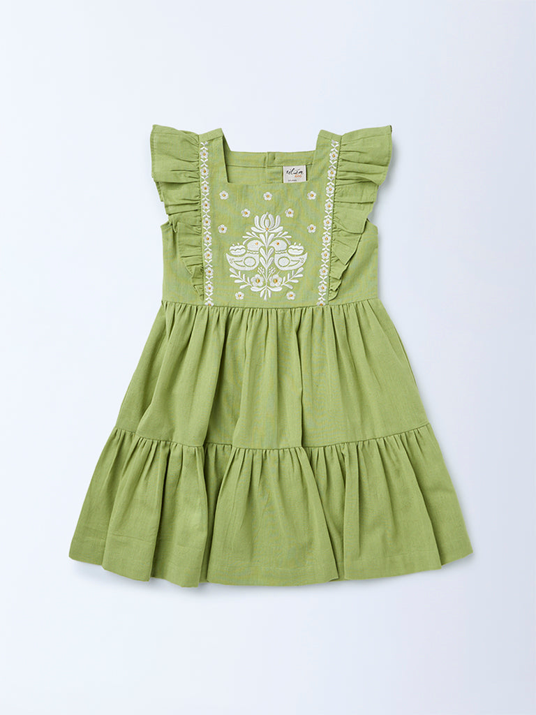 Utsa Kids Girls Mint Green Embroidered Tiered Cotton-Blend Dress - (2-8 yrs)